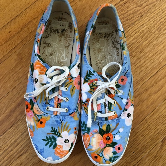 Keds Shoes - Rifle Paper Co x Keds : Womens Blue Floral Champion Lace Up Sneakers - Size 9.5